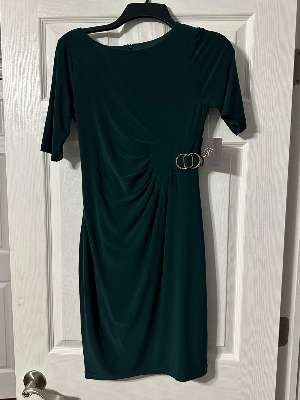 NWT Jessica Howard Petite Elegant Hunter Green Ruched Midi Dress w Gold Buckle